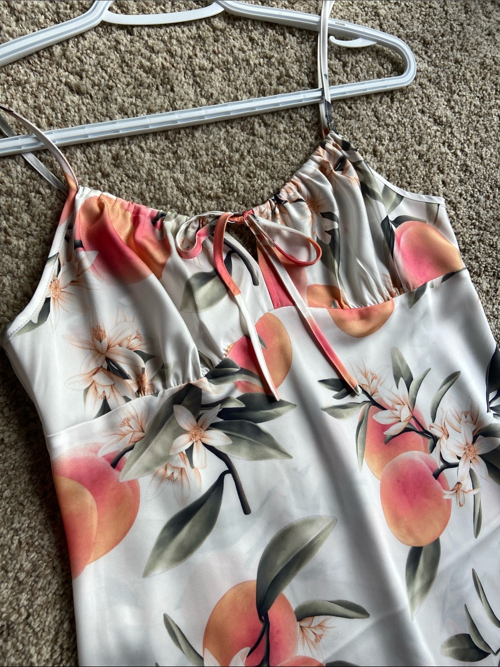 La Vie En Rose White Peach-Print Mini Slip Dress with milkmaid bust tie